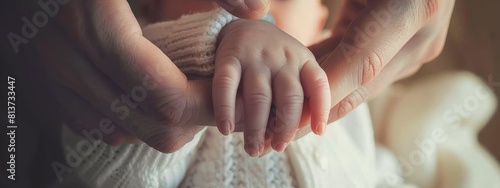 close-up of the hand of the baby and the mother. Selective focus