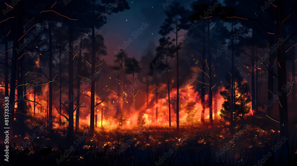 Obraz premium Forest wildfire at dark night. Environment emergency, flame burning trees, hot blaze nature woods disaster