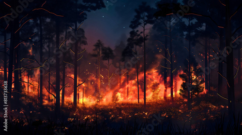 Forest wildfire at dark night. Environment emergency, flame burning trees, hot blaze nature woods disaster