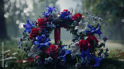 wedding bouquet of blue and red flowers in the forest