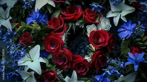 Bouquet of red roses, lilies and bluebells