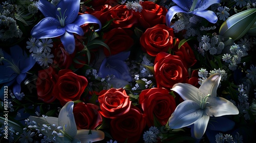 Bouquet of red roses, lilies and bluebells