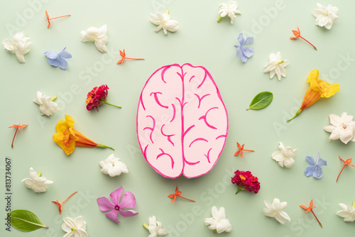Flat layout of human brain anatomy with colorful fresh flower on green background. Mental health care, positive thinking and creative idea concept.
