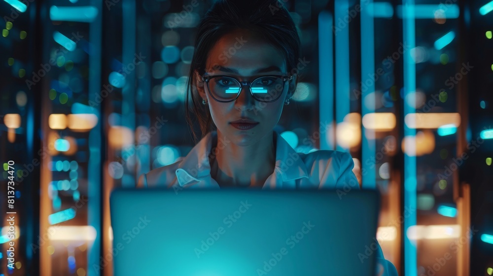 Obraz premium Female CEO using laptop computer to optimize cloud computing facility at evening office. Cyber Security, Network Protection Concept.