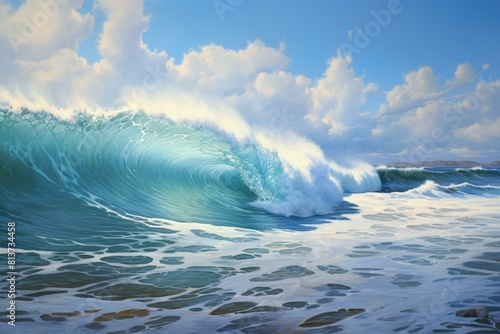 Digitally-painted ocean wave with vibrant colors under a cloudy sky