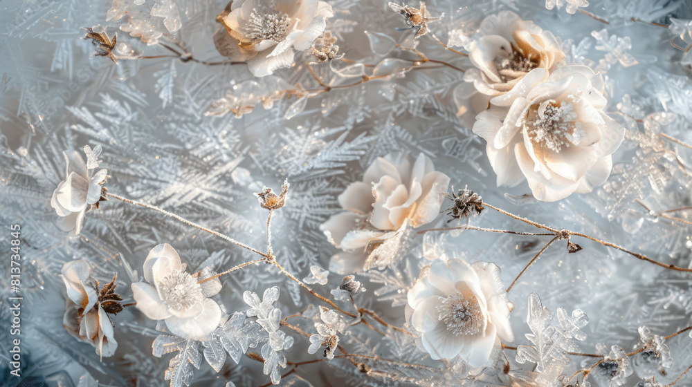 Obraz premium Winter landscape. Texture of ice and frozen flowers background