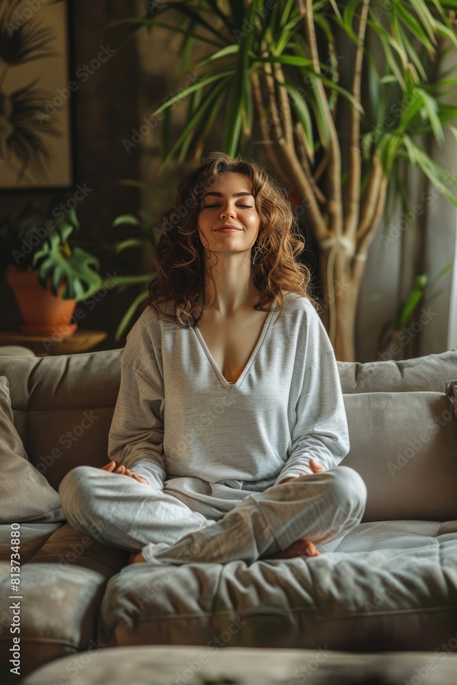 the girl does yoga on the sofa. selective focus the girl does yoga on the sofa. selective focus