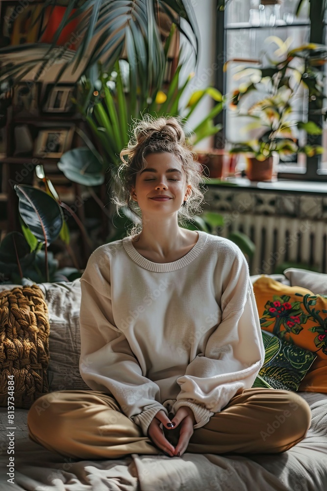 the girl does yoga on the sofa. selective focus the girl does yoga on the sofa. selective focus