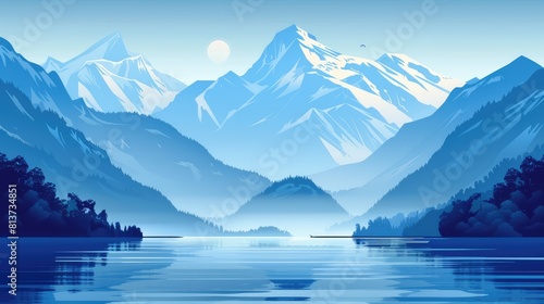 Vector landscape of mountains  lake and blue clouds.