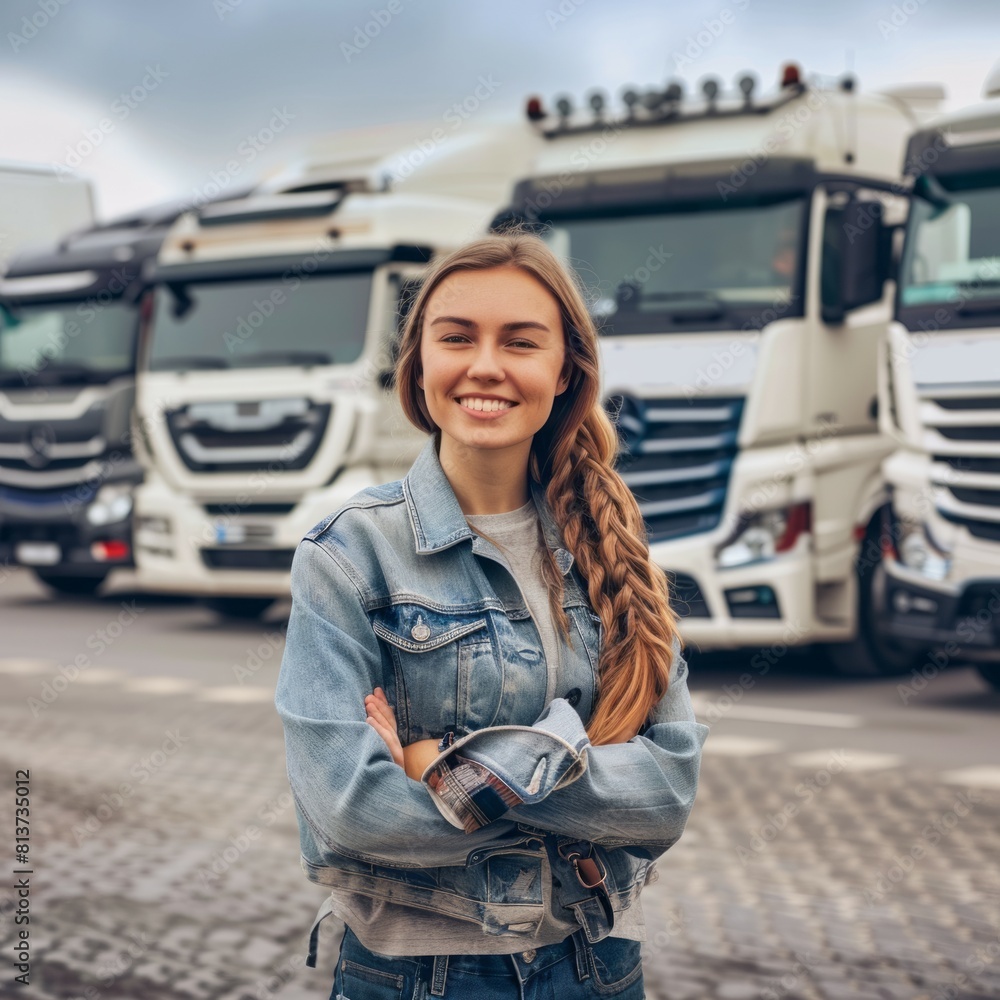 Happy Young Female Truck Driver Leading a Fleet of Trucks Happy Young Female Truck Driver Leading a Fleet of Trucks