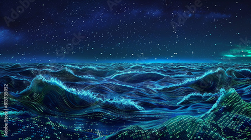 An expansive, digital ocean with waves composed of binary code, cresting and falling against a backdrop of a starry night sky photo