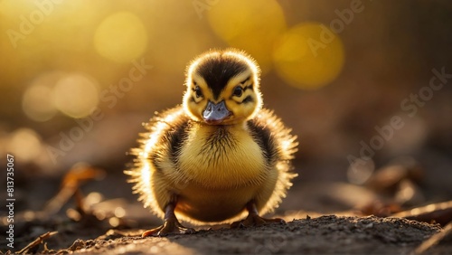 newborn duckling takes the first steps on the background of yellow bokeh, a new life birth