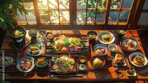 a depiction of a kaiseki (multi-course) meal served on lacquered trays arranged on a wooden table, showcasing an array of meticulously prepared dishes representing the seasons 