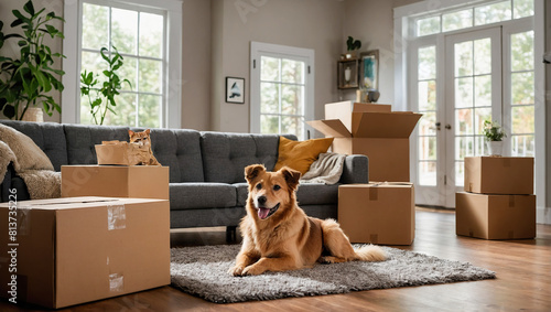  Pets dog moving to new home. Stack of cardboard boxes and dog sitting near cardboard box. Relocation, renovation, delivery service, donation concept