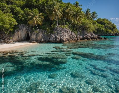 A secluded tropical island paradise  with palm-fringed beaches and crystal-clear waters perfect for snorkeling and diving.