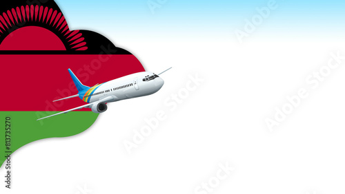 3d illustration plane with Malawi flag background for business and travel design