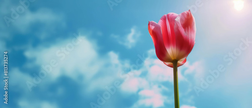 Beautiful blooming tulips on abstract blue sky in spring. Images are generated by AI #813735274