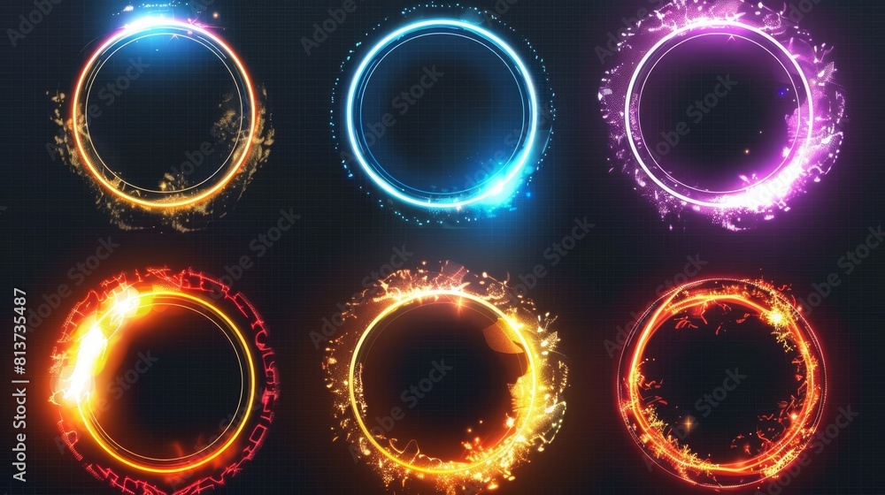 Circle lens ring with glitter 3D digital design. Radiant speed motion design. Magic energy vortex with sparks. Neon halo flares isolated on transparent background. Circle lens ring with glitter 3D digital design. Radiant speed motion design. Magic energy vortex with sparks. Neon halo flares isolated on transparent background.