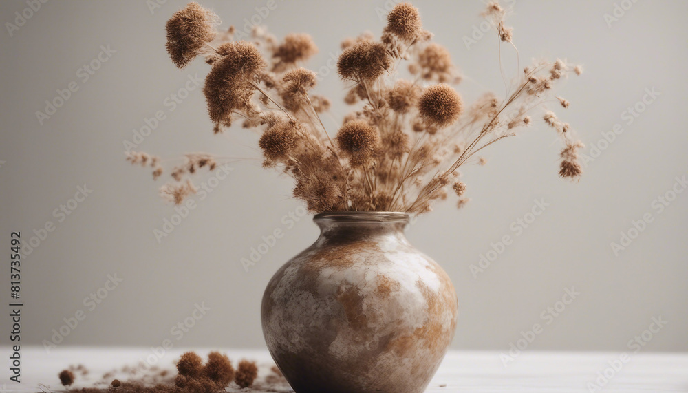 Fototapeta premium Earth-colored handmade vase with dried flowers, isolated white background 