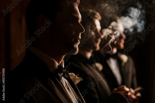 Three men in suits smoking cigars in a row photo
