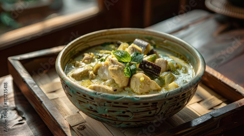 a bowl of Gaeng Keow Wan Gai (Thai green chicken curry) served in a ceramic bowl on a wooden tray, filled with succulent chicken, Thai eggplant, and bamboo shoots in a fragrant green curry sauce. photo