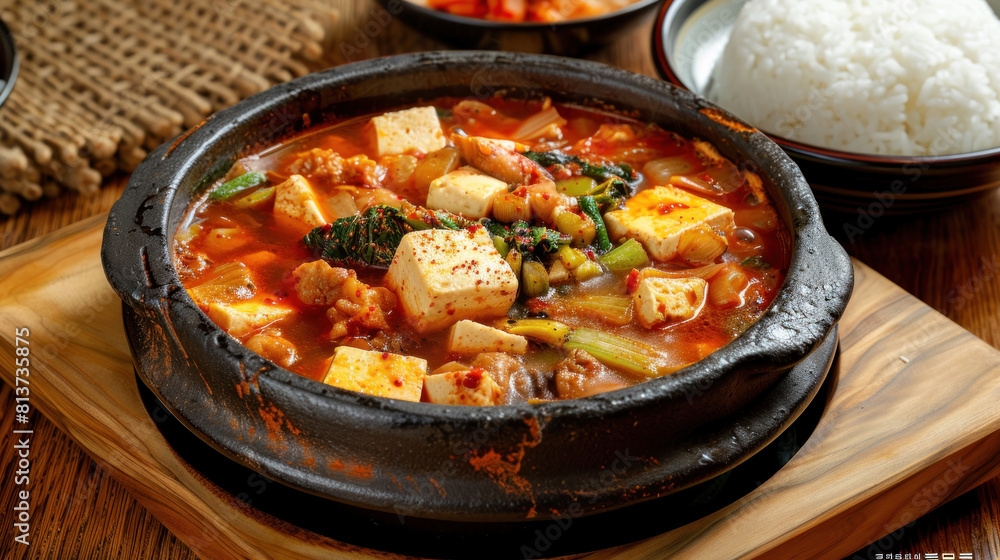 a bowl of spicy soft tofu stew (soondubu jjigae) served in a stone bowl on a wooden surface, bubbling with tofu, seafood, and vegetables, accompanied by a bowl of steamed rice. a bowl of spicy soft tofu stew (soondubu jjigae) served in a stone bowl on a wooden surface, bubbling with tofu, seafood, and vegetables, accompanied by a bowl of steamed rice.