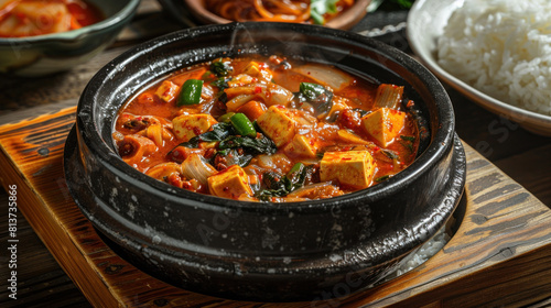a bowl of spicy soft tofu stew (soondubu jjigae) served in a stone bowl on a wooden surface, bubbling with tofu, seafood, and vegetables, accompanied by a bowl of steamed rice.