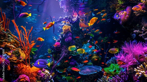 Underwater world full of vibrant and colorful coral reefs and tropical fish.