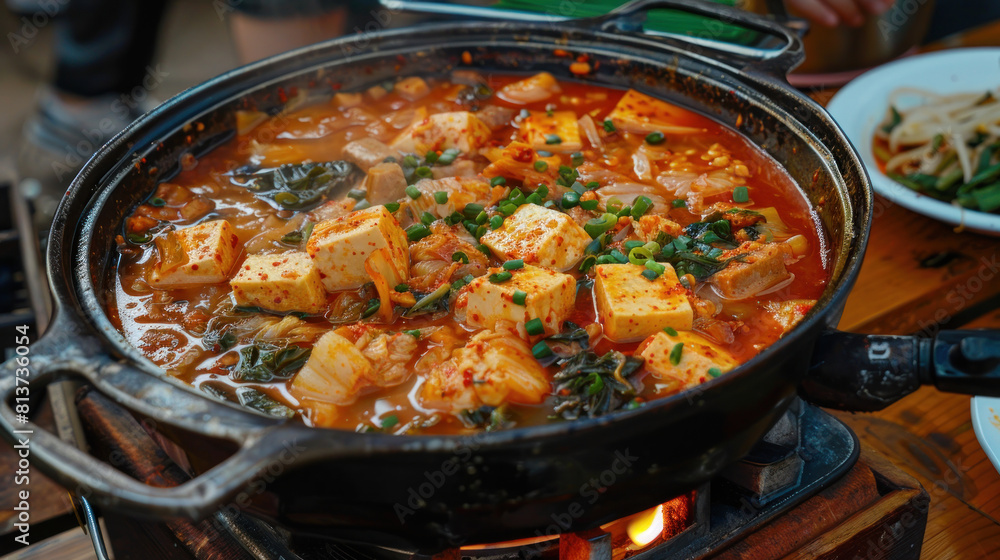 a bubbling hot pot of kimchi jjigae (kimchi stew) simmering on a portable stove atop a wooden table, filled with tender pork, tofu, and spicy fermented kimchi, emitting mouthwatering aromas. a bubbling hot pot of kimchi jjigae (kimchi stew) simmering on a portable stove atop a wooden table, filled with tender pork, tofu, and spicy fermented kimchi, emitting mouthwatering aromas.