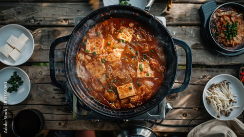 a bubbling hot pot of kimchi jjigae (kimchi stew) simmering on a portable stove atop a wooden table, filled with tender pork, tofu, and spicy fermented kimchi, emitting mouthwatering aromas. photo