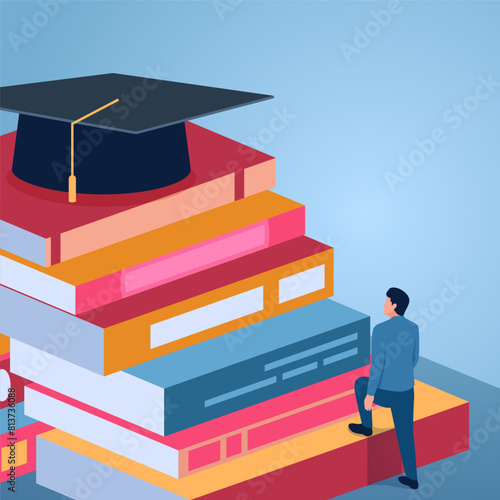 A man climbs a ladder made of books towards a graduation cap, illustration for knowledge.
