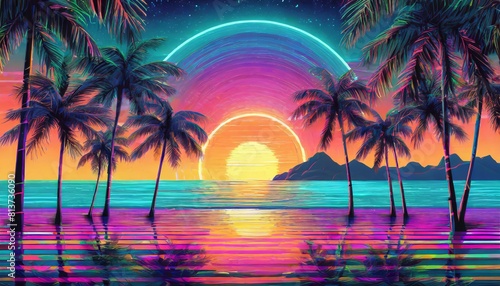 Sunset on the beach with 80s Retro Neon gradient background