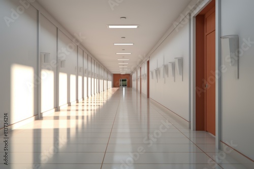 Bright sunlight beams into a long  modern corridor with clean lines and doors