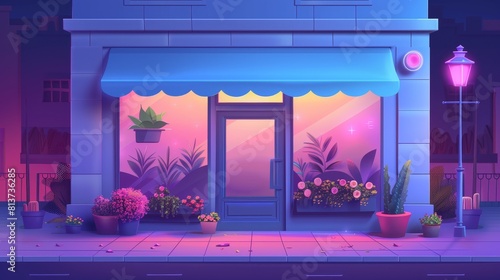 In the evening, a flower shop building exterior modern illustration with a shined door and window. An urban store salon with flowerpots outside and an awning with a road backdrop in the background.