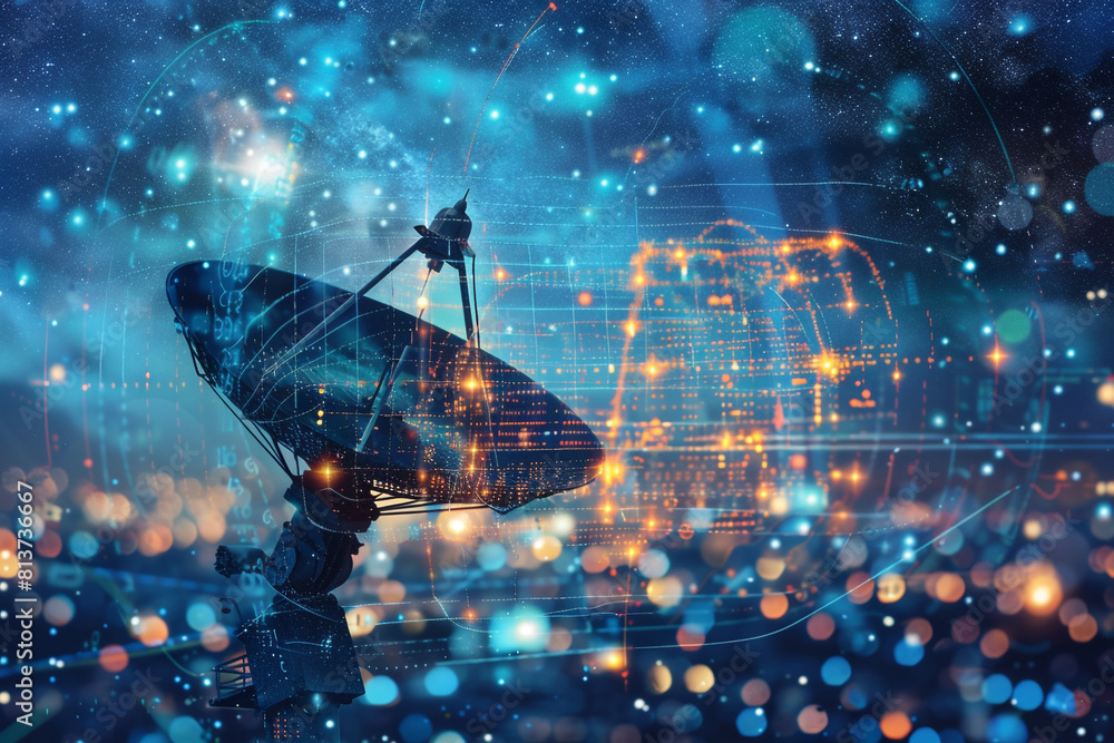 Double exposure of a satellite dish antenna, pointing towards depicting the global connectivity and data exchange facilitated by 