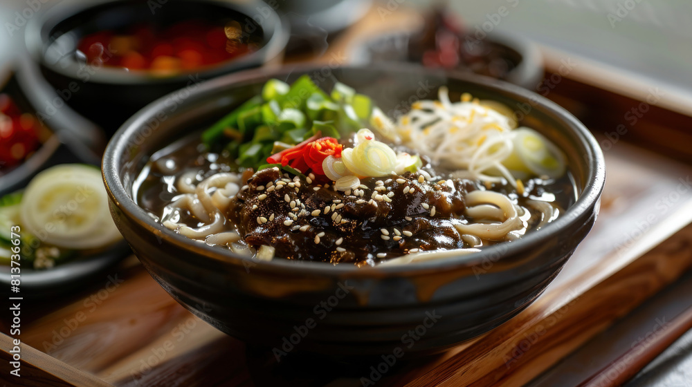 a steaming hot bowl of jjajangmyeon (black bean noodles) served on a wooden tray, featuring chewy noodles smothered in savory black bean sauce, topped with fresh vegetables and pickled radish. a steaming hot bowl of jjajangmyeon (black bean noodles) served on a wooden tray, featuring chewy noodles smothered in savory black bean sauce, topped with fresh vegetables and pickled radish.