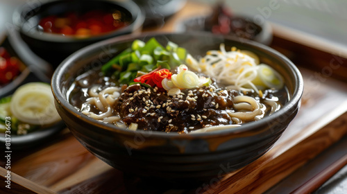 a steaming hot bowl of jjajangmyeon (black bean noodles) served on a wooden tray, featuring chewy noodles smothered in savory black bean sauce, topped with fresh vegetables and pickled radish.