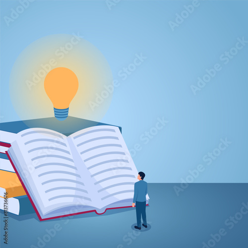 A man reads a book and gets an idea lamp lit above him, an illustration for knowledge.
