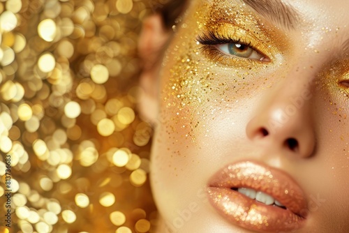 Closeup of a model with striking gold glitter makeup on her face, showcasing exquisite details