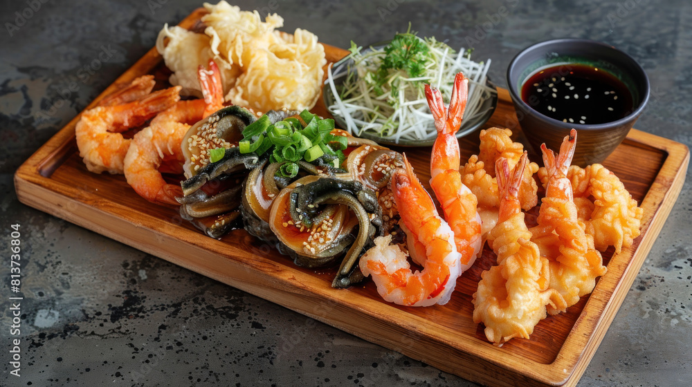 a tempura platter displayed on a wooden serving tray, with an assortment of crispy battered seafood and vegetables, accompanied by tentsuyu dipping sauce and grated daikon. a tempura platter displayed on a wooden serving tray, with an assortment of crispy battered seafood and vegetables, accompanied by tentsuyu dipping sauce and grated daikon.