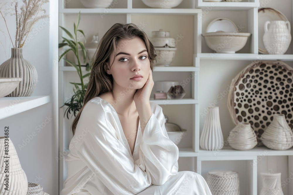 A woman is sitting in a room with white shelves and white vases. She is wearing a white dress and has her hand on her chin A woman is sitting in a room with white shelves and white vases. She is wearing a white dress and has her hand on her chin