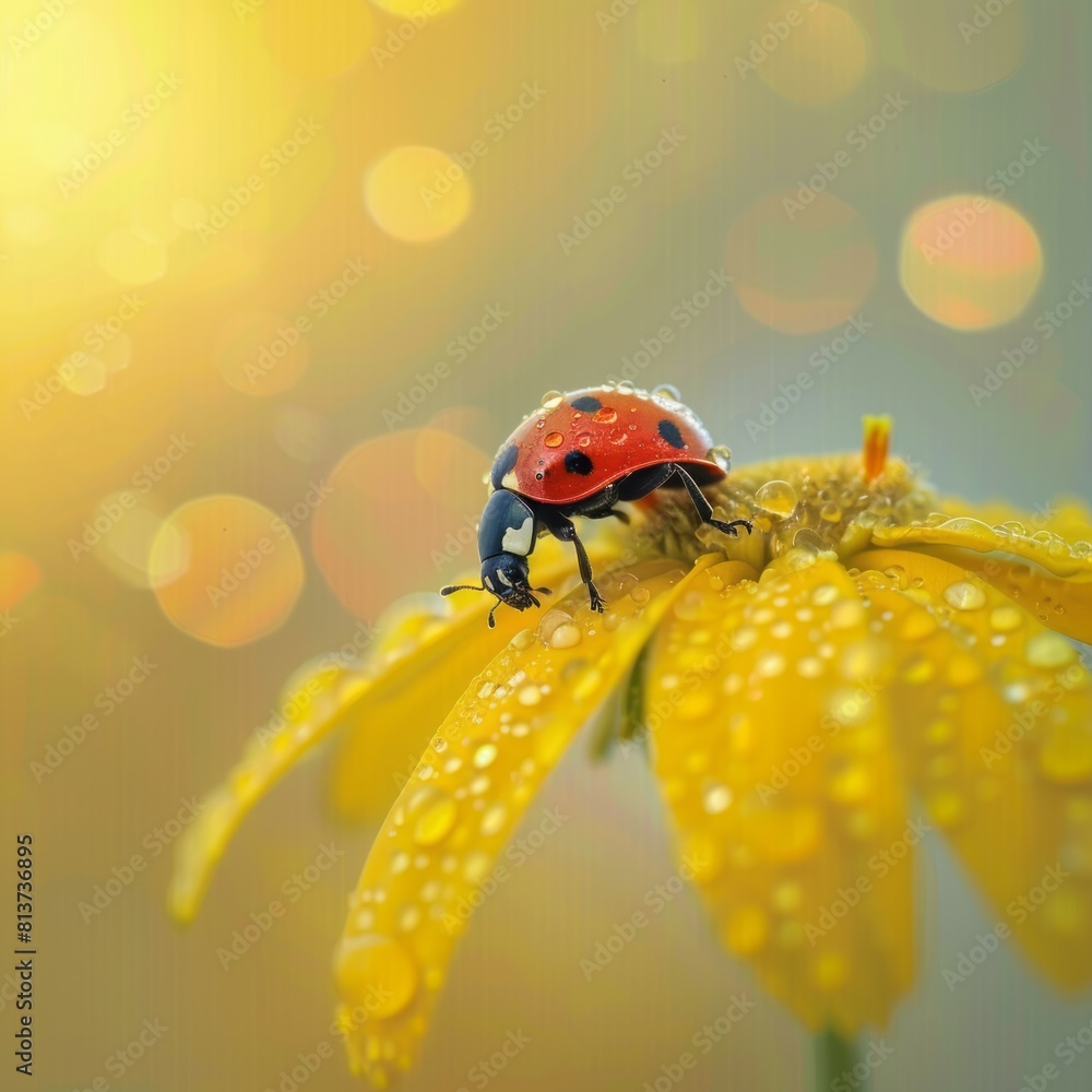 Naklejka premium Ladybug Perched on a Yellow Flower Petal with Glistening Water Drops Bokeh Background