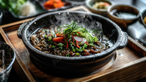 a steaming hot bowl of jjajangmyeon (black bean noodles) served on a wooden tray, featuring chewy noodles smothered in savory black bean sauce, topped with fresh vegetables and pickled radish. photo