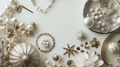 Delicate trinkets and baubles meticulously placed on a clean white surface, creating a captivating display of elegance. photo