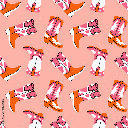Retro seamless pattern with different cowgirl boots. Coquette core. Cowboy western and wild west theme. Wild West fashion style vector for invitation, wrapping paper, packaging etc.