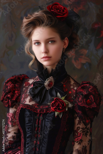 Victorian lady. Young woman portrait in eighteenth century image posing. elegant historical dress and hairstyle	
