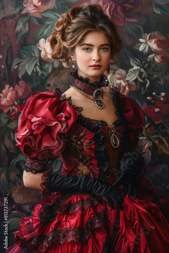 Victorian lady. Young woman portrait in eighteenth century image posing. elegant historical dress and hairstyle	
