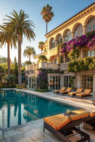 A luxurious house with a pool  palm trees  and vibrant flowers  basking in sunlight  exudes Mediterranean elegance and tranquility