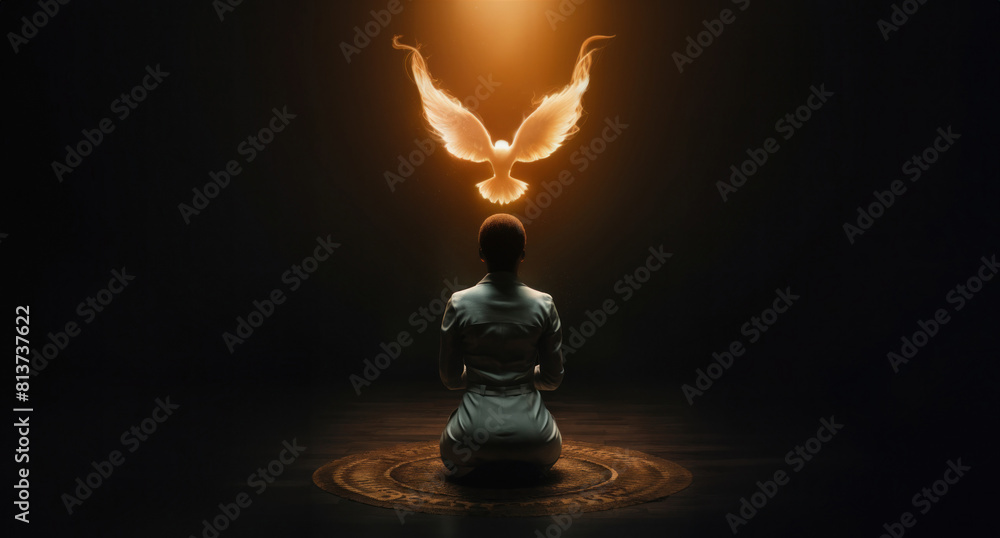 Obraz premium Pentecost concept art. Glowing white dove of the holy spirit descending upon a young African American woman. Woman on her knees receiving the holy ghost symbolized by a white glowing dove of fire.