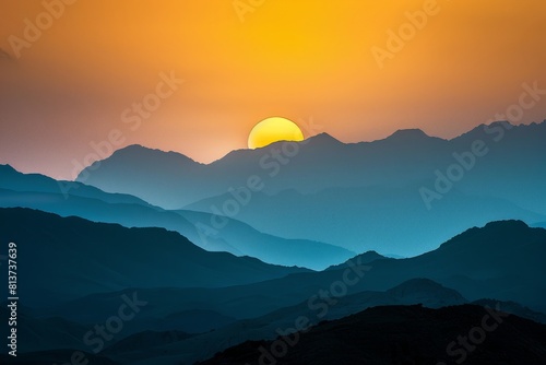 The sun descends below the horizon, casting a golden glow over a mountain range in the distance